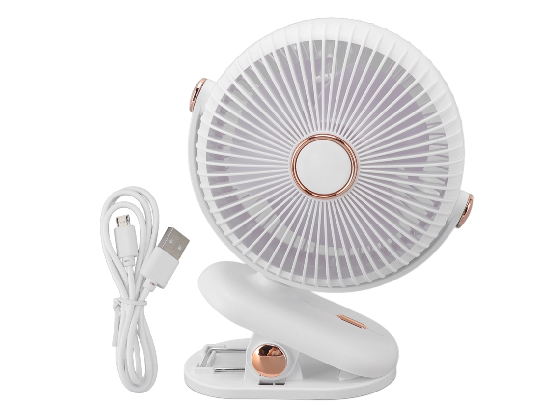 Ventilador de escritorio blanco de 3 velocidades con clip y diseño seguro.