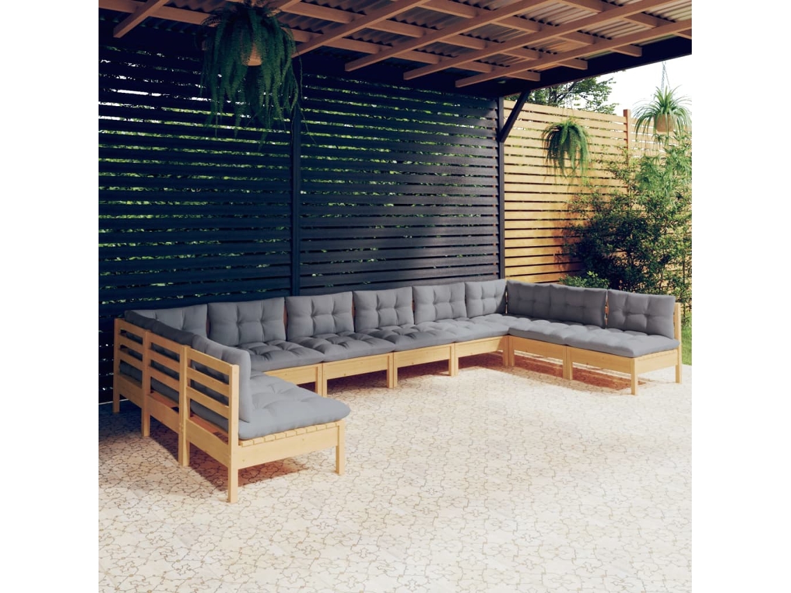 Conjunto de jardín DKD Home Decor de 10 piezas con cojines de pino macizo gris