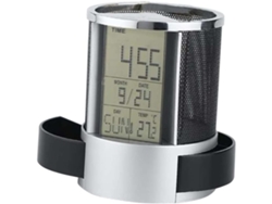 Organizador de bolígrafos multifuncional con reloj digital y función de temperatura, ideal para la oficina.