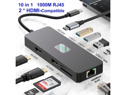 Estación de acoplamiento Yizhood Hub 10 en 1 USB 3.2 4K60Hz compatible con HDMI DP 3.0 1000M tipo C gris