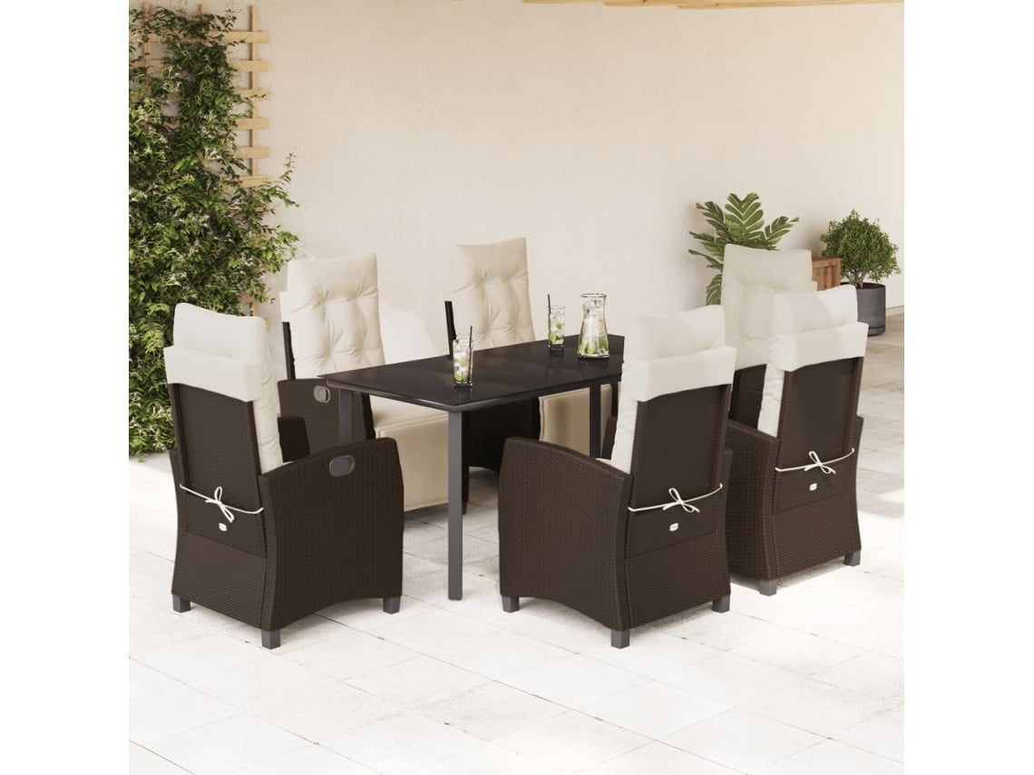 Juego de comedor de jardín de 7 piezas con cojines de mimbre marrón DKD Home Decor