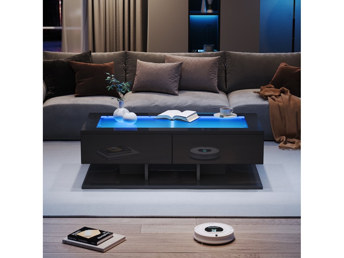 Mesa de centro MOBRIO con LED y tablero de cristal negro, 100x50x35 cm