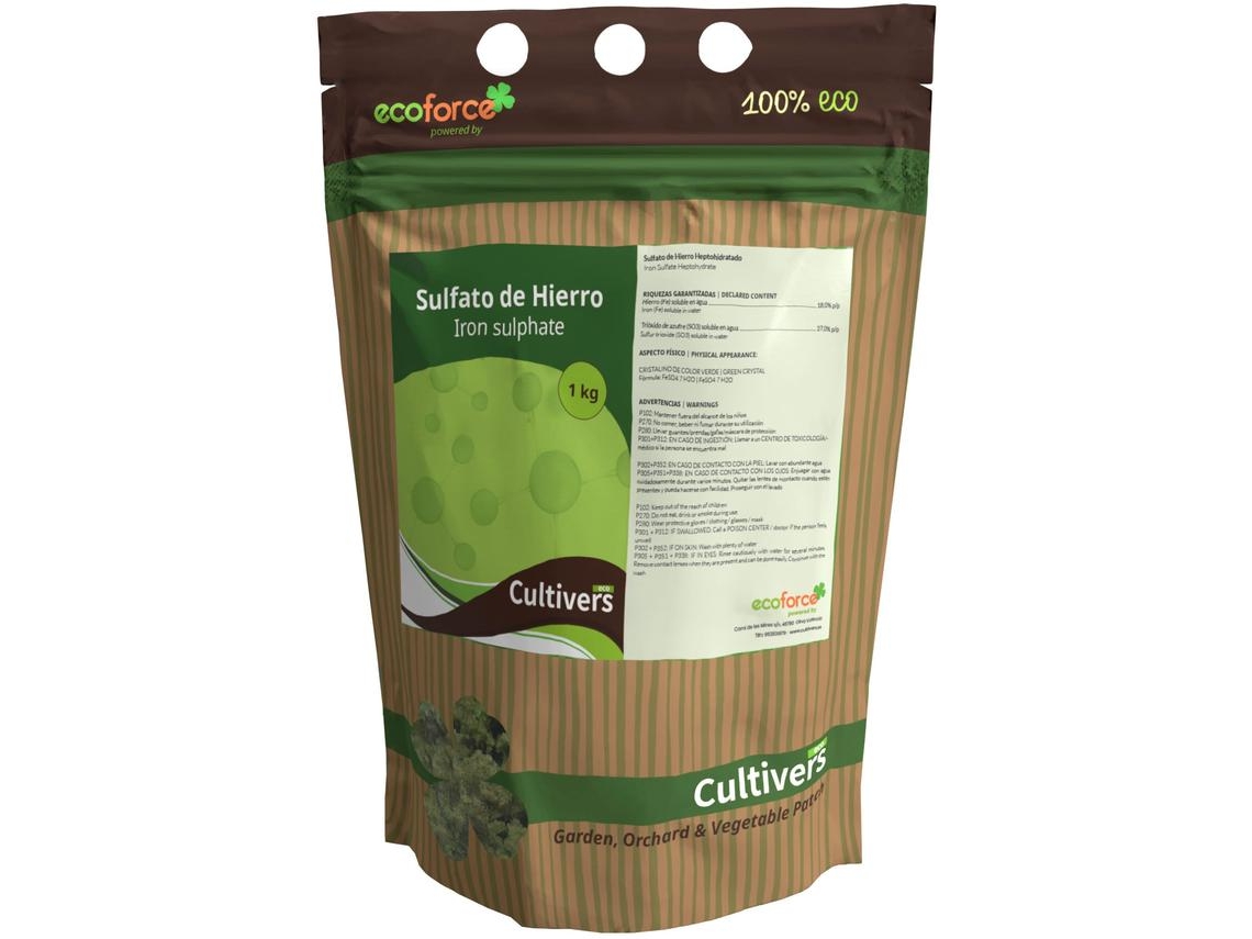 CULTIVERS Sulfato de Hierro Heptahidratado 1 kg múltiples uso Hogar y Jardín. Abono Natural para Plantas aporte de Hierro y Reduce de ph del suelo