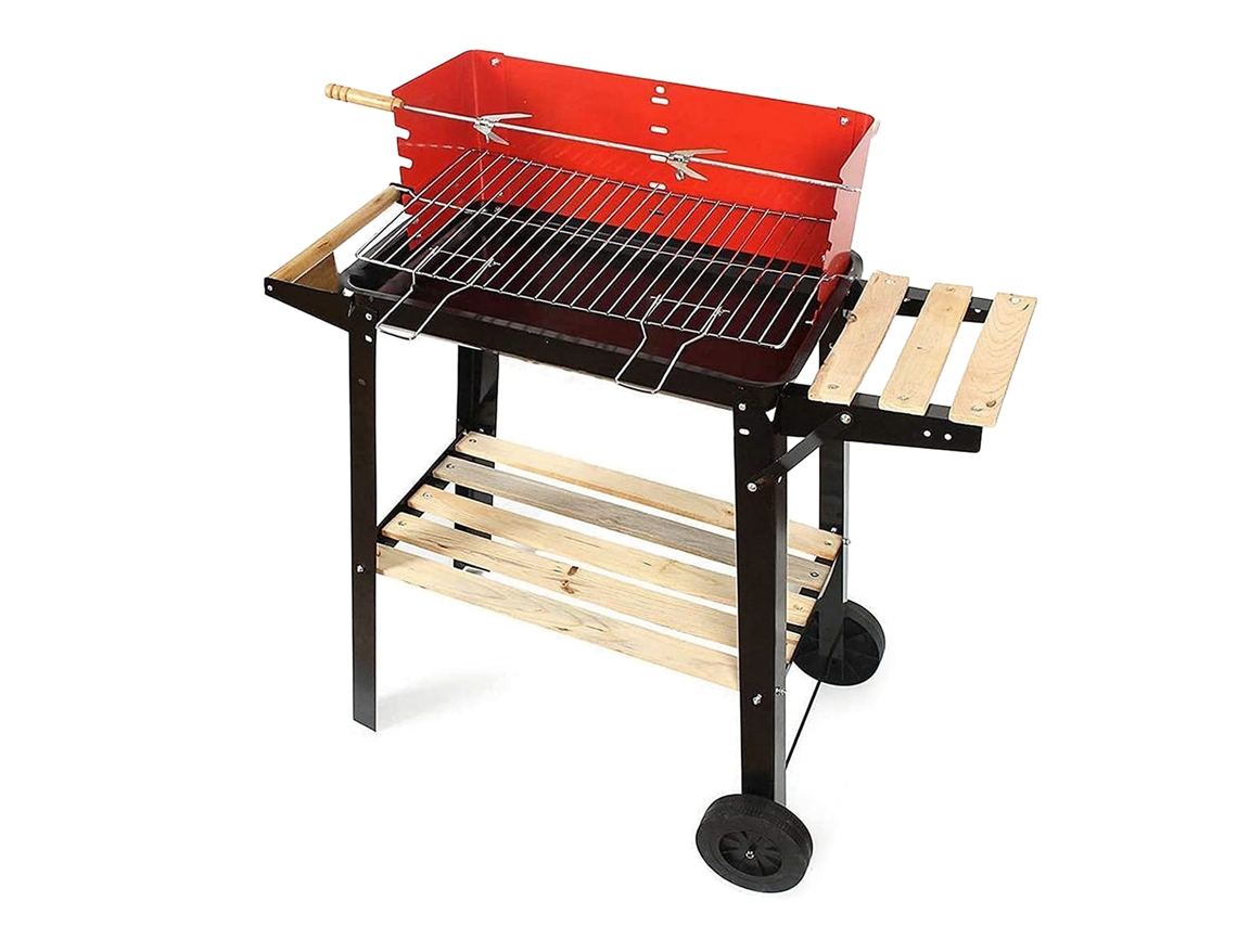Parrilla portátil de carbón con ruedas y brocheta.