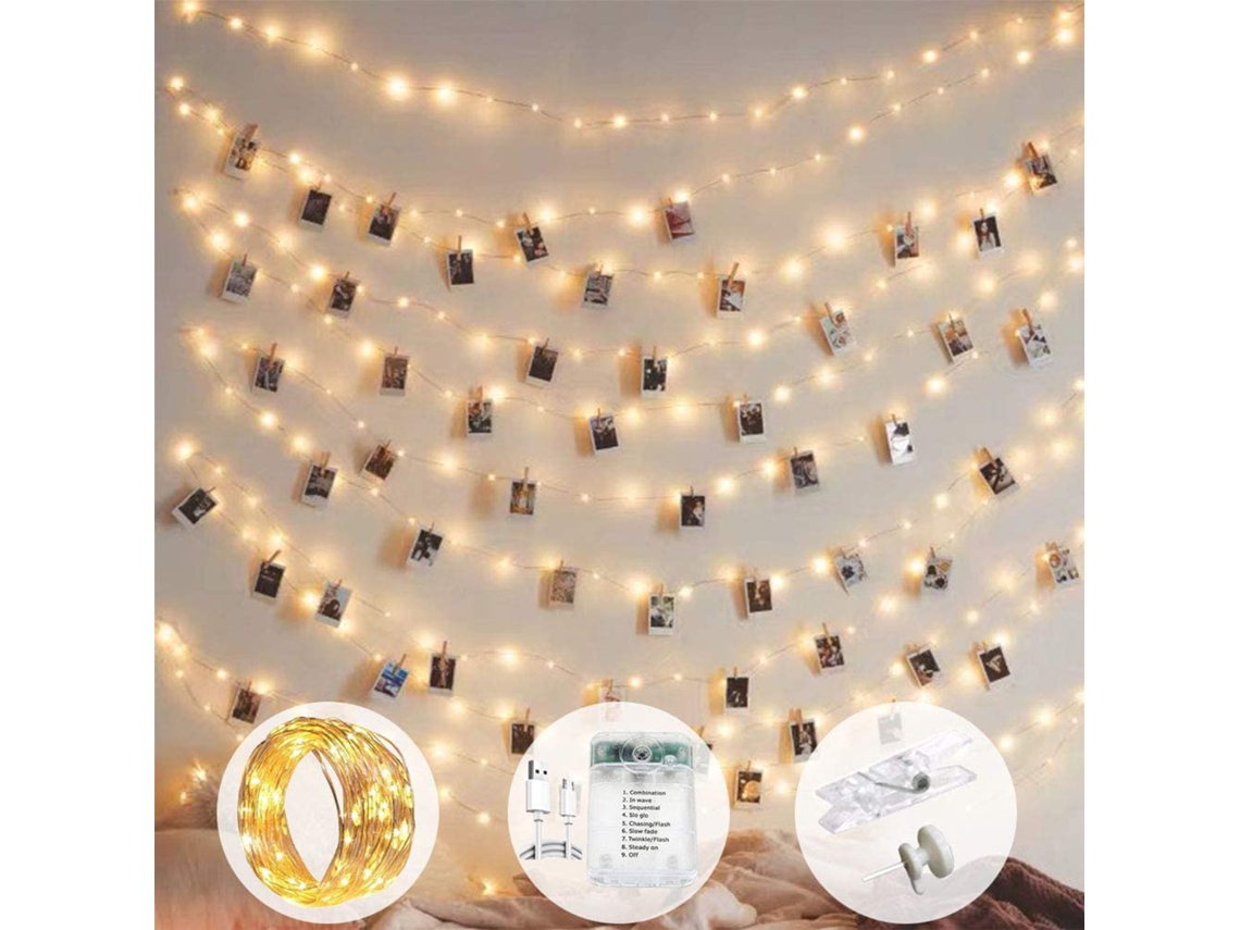 Tira de luces LED modelo 2026, 10 m, 100 bombillas, luz blanca cálida, 8 modos, con clips para colgar fotos, tarjetas de álbumes de recortes y obras de arte.