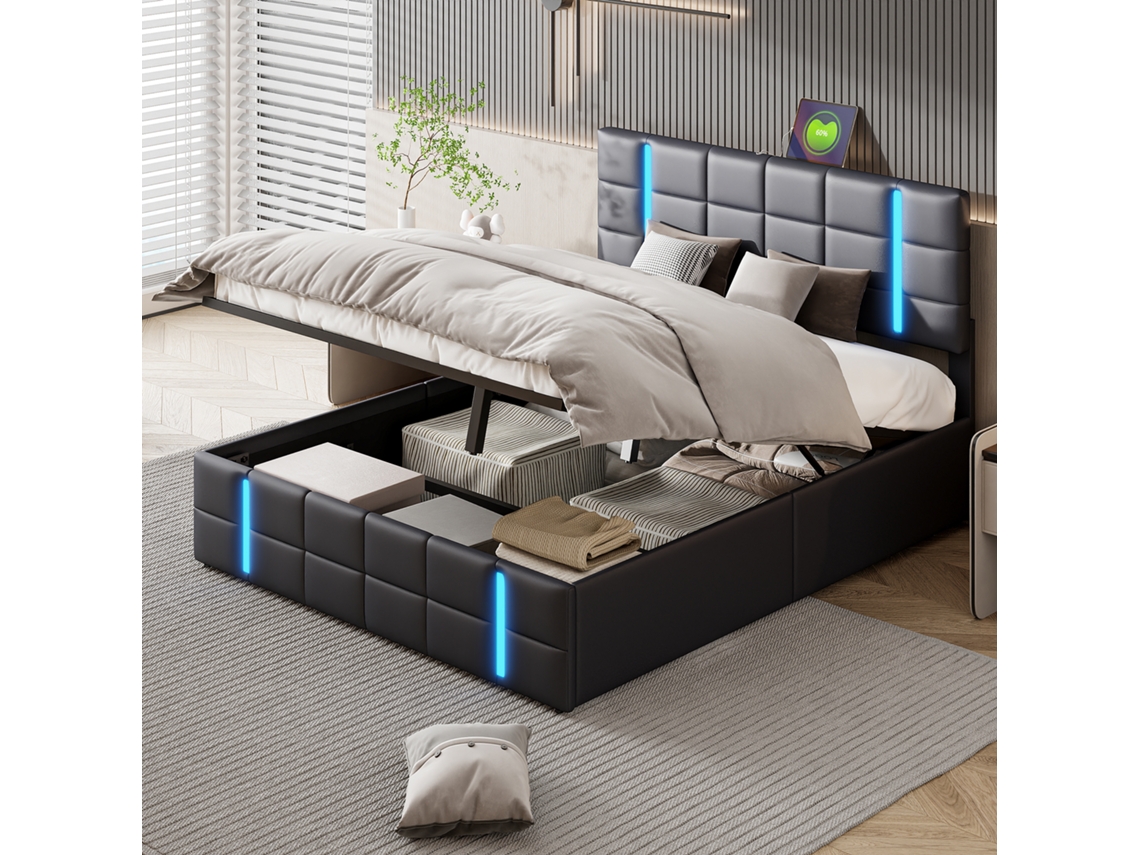 Cama Doble Moderna De Piel Sintética Rosahqnda Con Usb Y Led, Cama Hidráulica De Gran Capacidad De Almacenamiento De 140 X 200 Cm, Sin Colchón Negro