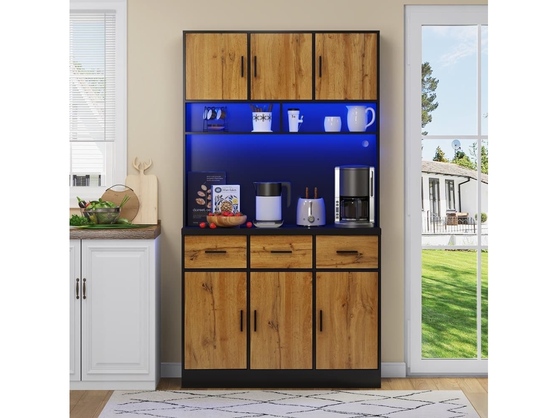 Buffet Multifuncional 100x40x180 Cm - Led, Enchufes - Negro+natural