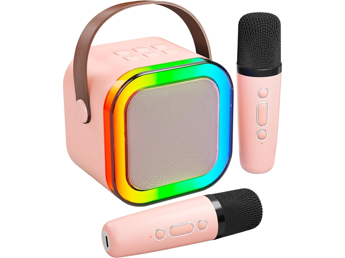 Mini micrófono Bluetooth portátil y altavoz para cantar con 2 micrófonos para todos los teléfonos inteligentes (rosa) (PINK) IKIKSO