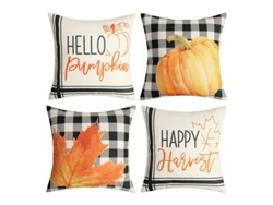 4 Fundas De Cojín Otoñales De 45x45 Cm Con Estampado De Cuadros Búfalo, Calabazas Y Hojas De Azúcar Para La Decoración De Acción De Gracias.