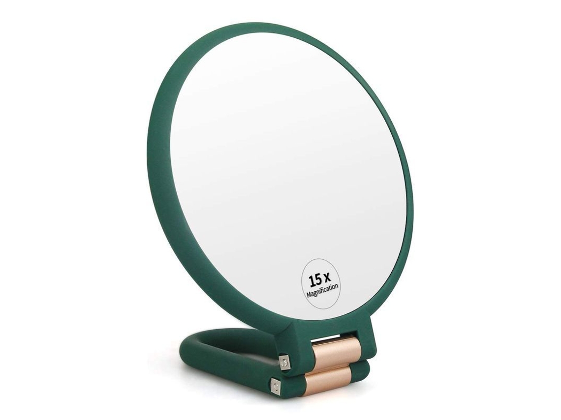 Espejo De Mano Con Aumento De 15x, Diseño De Doble Cara Y Base Giratoria De 360°, Ideal Para Maquillarse (verde Militar).