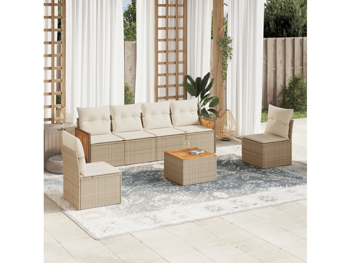 Conjunto de sofá de jardín de 7 piezas con cojines, mimbre sintético beige, Dkd Home Decor