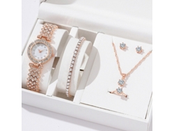 Set de regalo de 5 piezas para mujer: reloj de diamantes, collar, pulsera, anillo, pendientes y caja de regalo naranja SPQMENT (oro rosa).