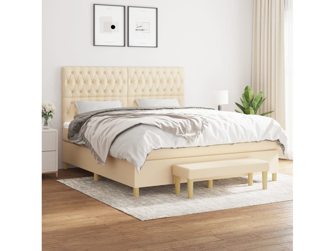 Cama Box Spring Con Colchón Tela Color Crema 180x200 Cm