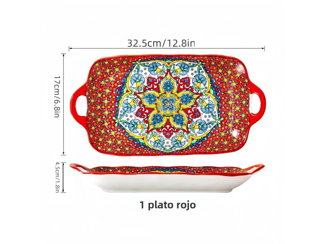 (1 Rojo) Plato rectangular de cerámica estilo bohemio con forma de pez, 32,5 cm (12,8 pulgadas), apto para calentar.