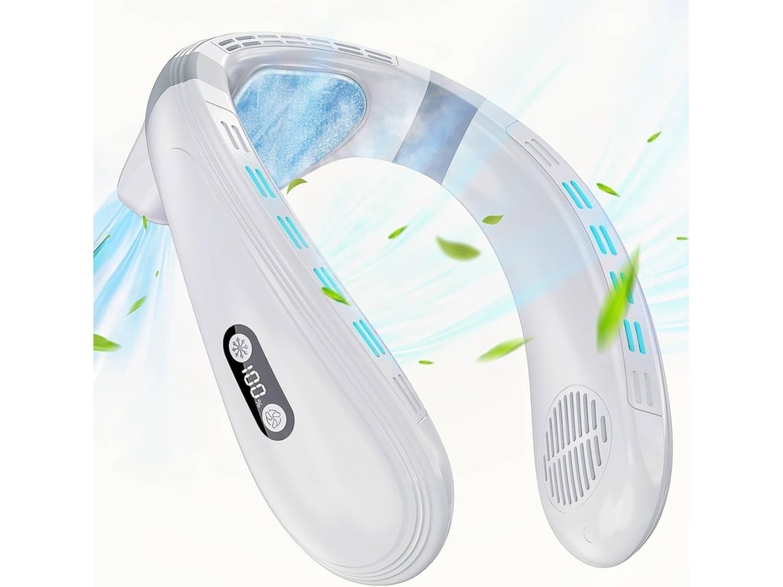 Ventilador de cuello portátil, aire acondicionado, 5200 mAh, recargable tipo C, flujo de aire de 360°, pantalla LED, portátil, 3 velocidades, color blanco USHION