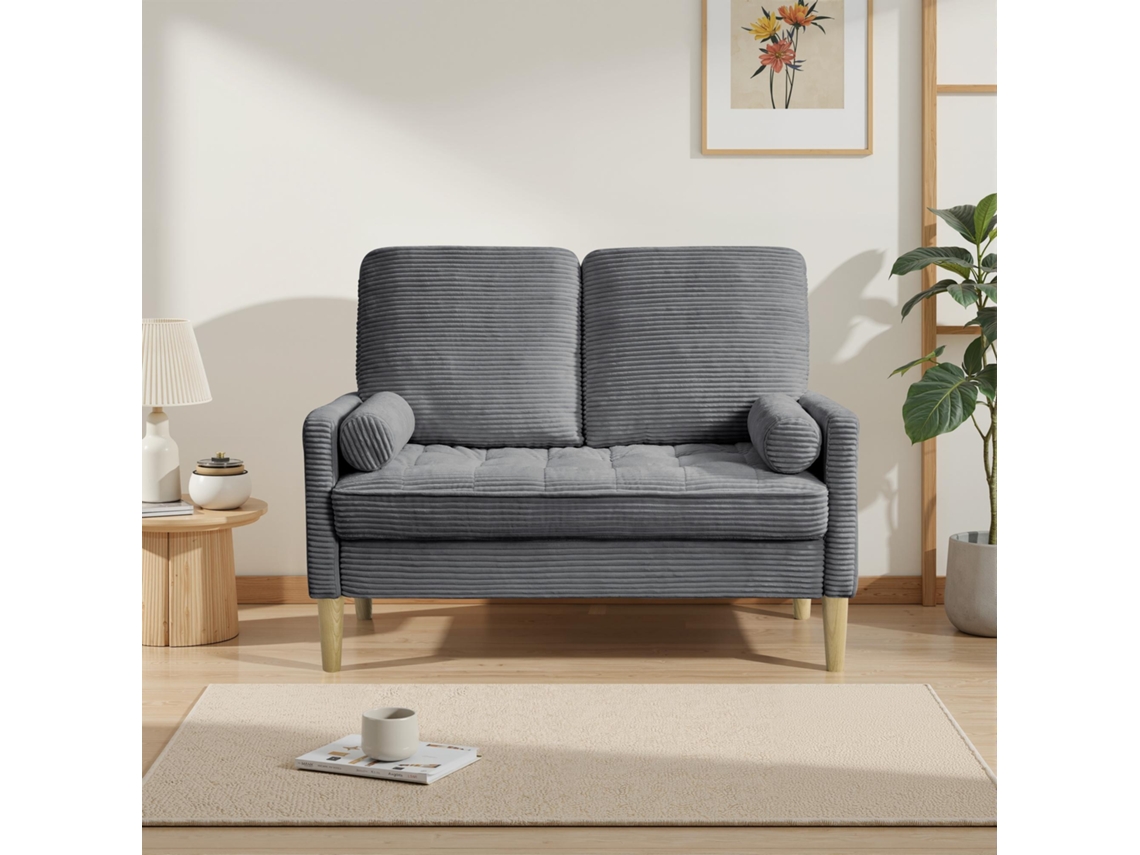 Sofá de dos plazas de terciopelo acanalado, estilo escandinavo, tapizado, con patas de madera, para salón o dormitorio, 121x76x87 cm, gris.