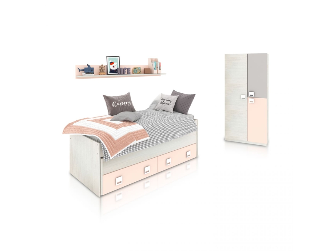 Dormitorio juvenil Kenia Plus Blanco Alpes - Rosa y Gris 200 x 69 x 96 cm