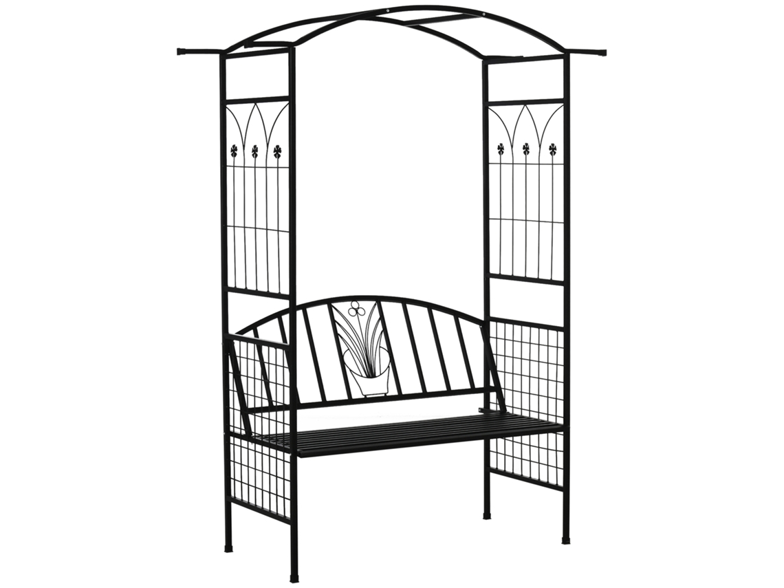 Banco Con Forma De Arco Para Plantas, Estructura Metálica Negra, 154x60x205cm