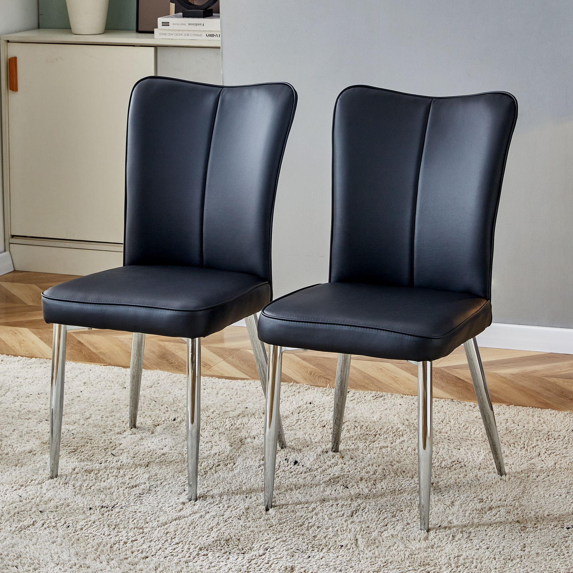 2 Sillas Comedor Pu Negro Patas Plata Modernas