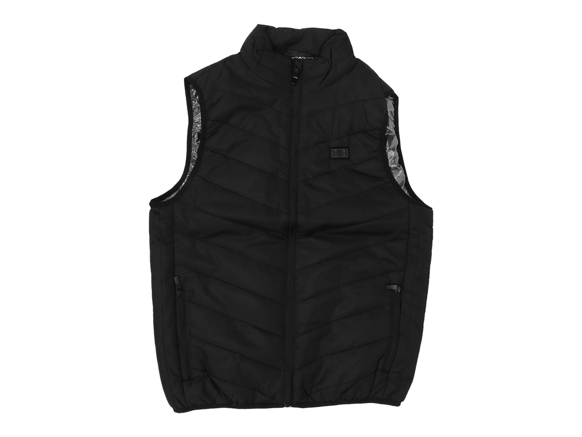 Chaleco calefactable negro con cuello alto, 9 zonas de calentamiento eléctrico, control dual USB, ideal para actividades al aire libre.
