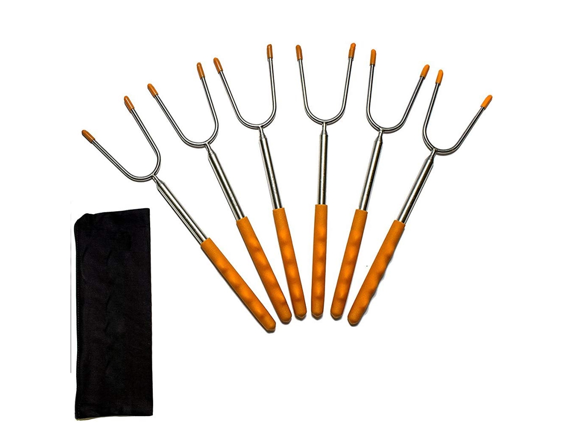 FNINIJEDE 6 Pcs Bastões De Alumínio Extensíveis Para Assar Marshmallow E Salsichas 11 45 Com Garfo Em Aço Inox E Bolsa De Segurança