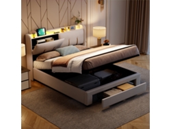 Cama de 140 x 200 cm, función de carga, cajones, cama juvenil, cama doble, espacio de almacenamiento, LED, terciopelo, beige (USB y tipo C)