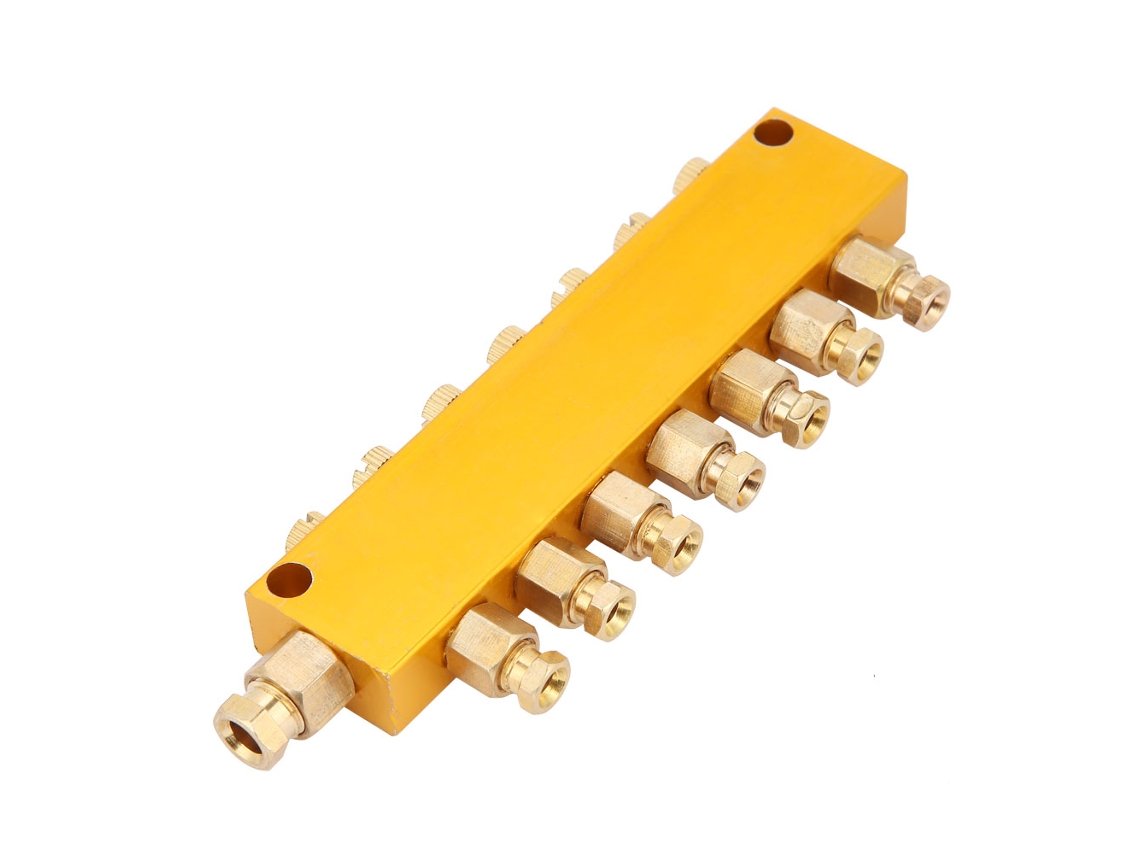 Bloque colector de distribución de aceite de latón ajustable, entrada de 6 mm y salida de 4 mm (1 entrada y 7 salidas)