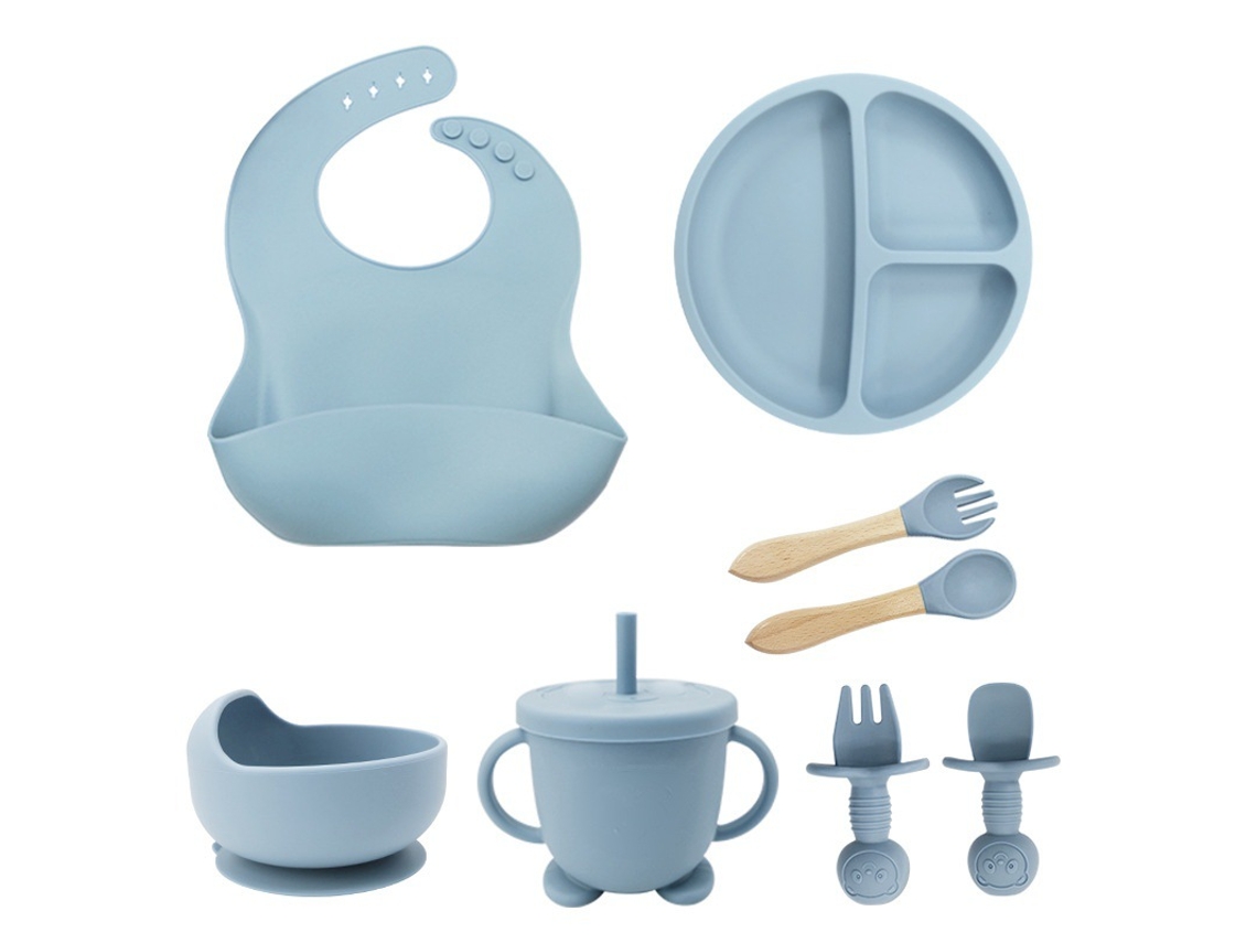 Juego de alimentación de 8 piezas: platos de silicona, ventosas, babero, vaso, cubiertos (8)