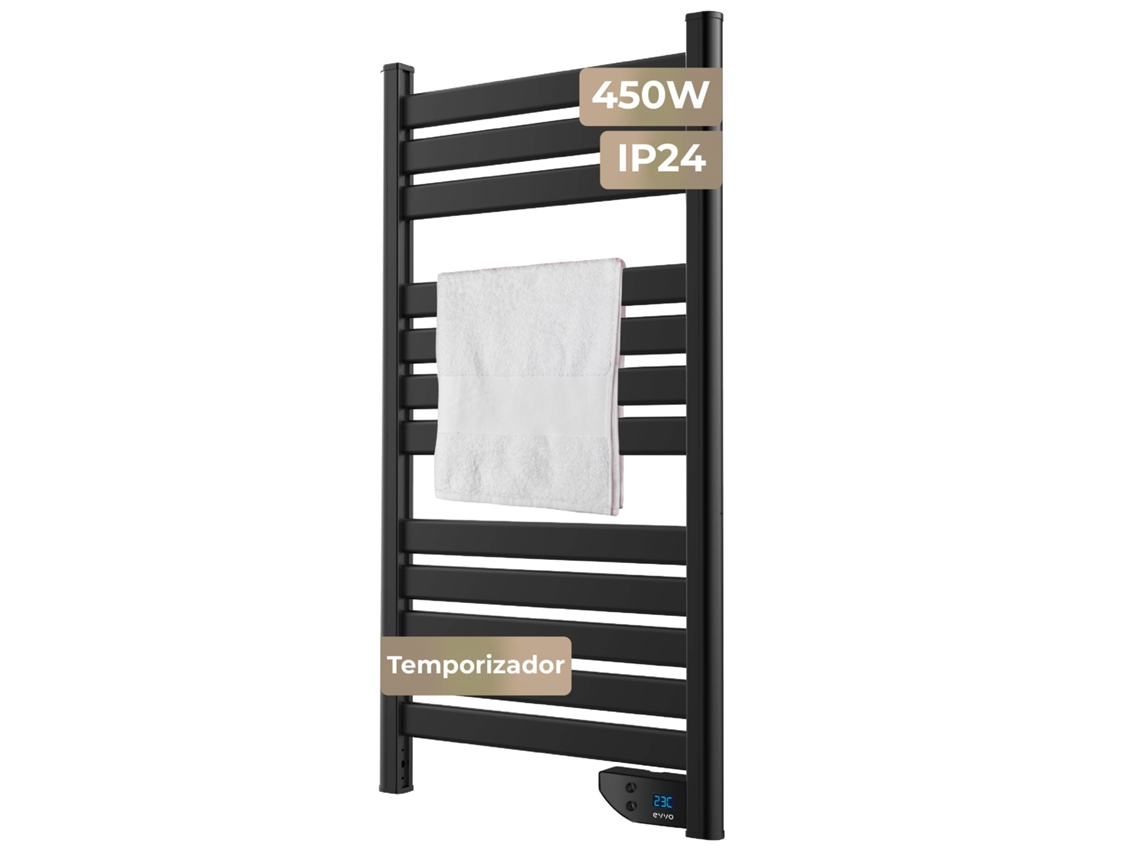 Toallero eléctrico Evvo C500 negro, 450 W, cubre hasta 8 m², eficiente y silencioso, protección contra sobrecalentamiento.