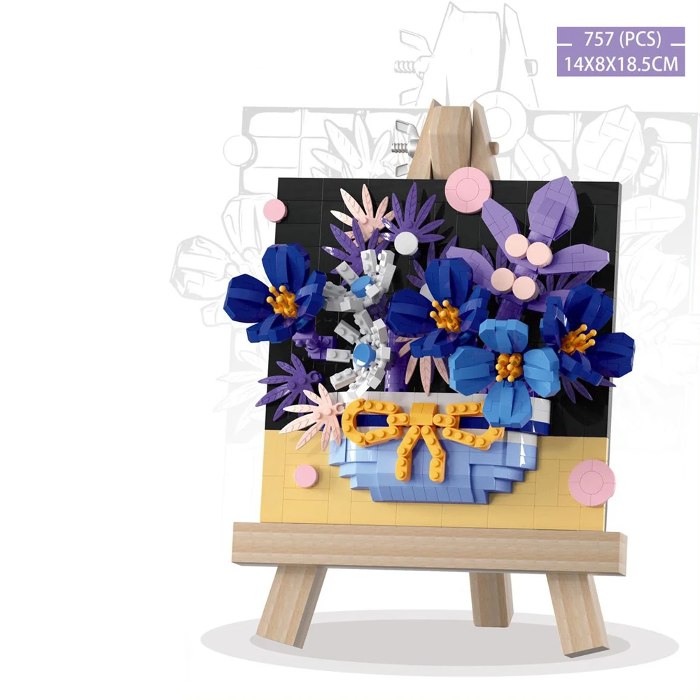(púrpura) Construcción Creativa Arte Floral 3d Pintura Bloques, Con Caballete De Madera, Juguete De Bloques En Miniatura