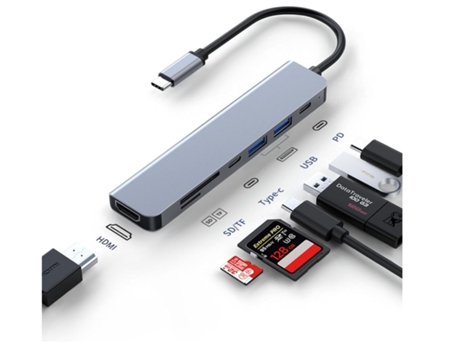 Usb C Hub Adaptador multipuerto USB C Estación de acoplamiento 7 en 1 Aleación de aluminio Usb C a HDMI Hub Dongle Lector de tarjetas Sd/Tf Gris