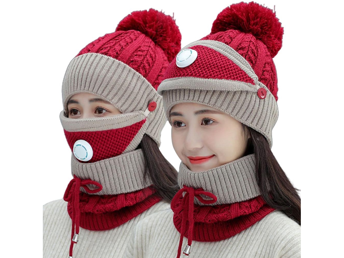 Jinwei-set Gorro Bufanda Tejido 3 En 1 Invierno Calientito Con Forro Polar Antiviento Para Mujer Niña Ciclismo Esquí