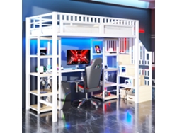 Cama alta, 90x200 cm, estructura de hierro, compartimento de almacenaje, escalera con espacio de almacenaje, escritorio.