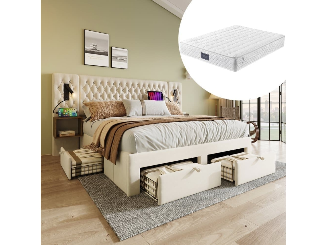 Conjunto Completo Cama Tapizada 160x200 Cm - 2 Mesitas, 4 Cajones, Luz Led Usb - Beige
