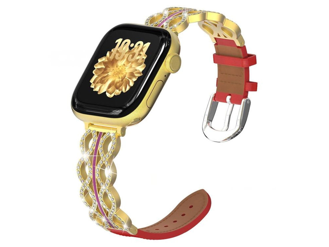 Correa para Apple Watch de 42/41/40/38 mm - Híbrida: Acero inoxidable con diamantes y cuero genuino.