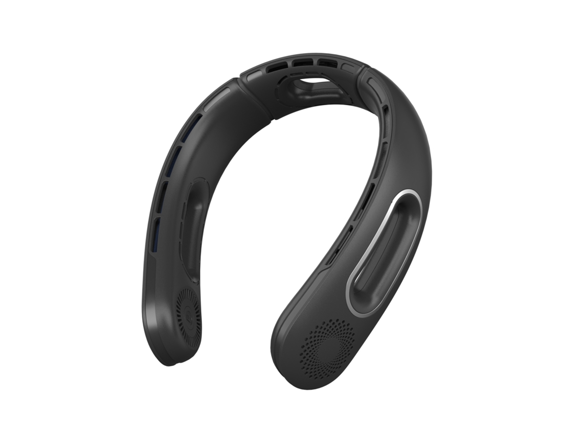 Ventilador de cuello recargable de 5200 mAh con carga USB, diseño perforado, funcionamiento silencioso, 4 velocidades (negro)