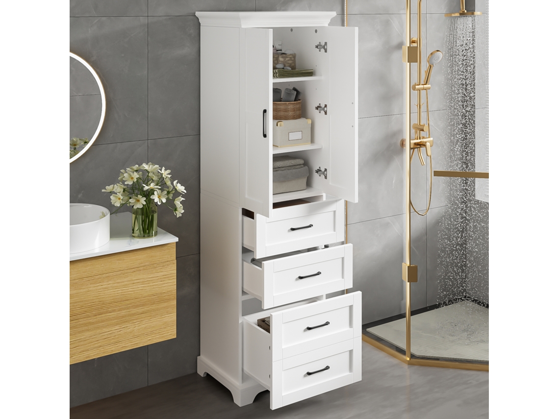 Armario De Baño 57x38x180 Cm - 3 Cajones Y Estantes Regulables - Blanco
