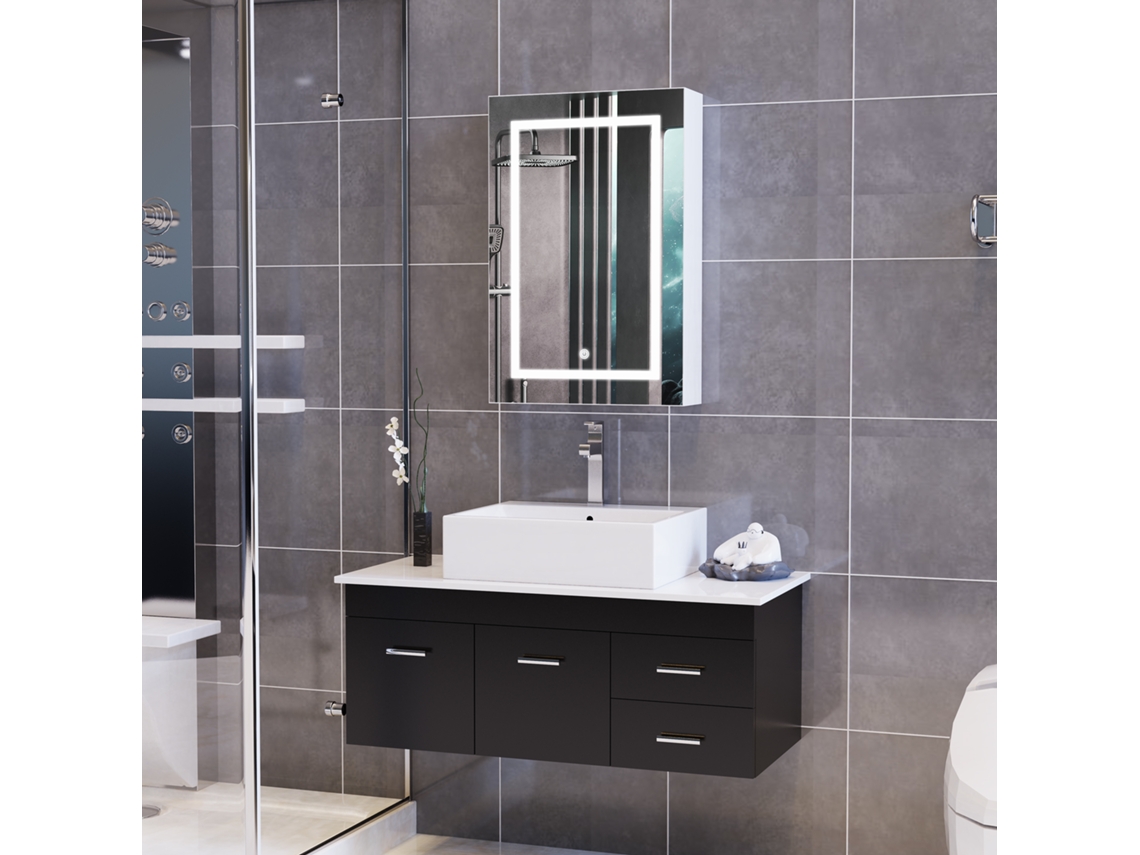 Mueble de baño con espejo e iluminación LED, 50 x 12,5 x 70 cm, 3 modos de iluminación, armario de pared, blanco Rosahqnda