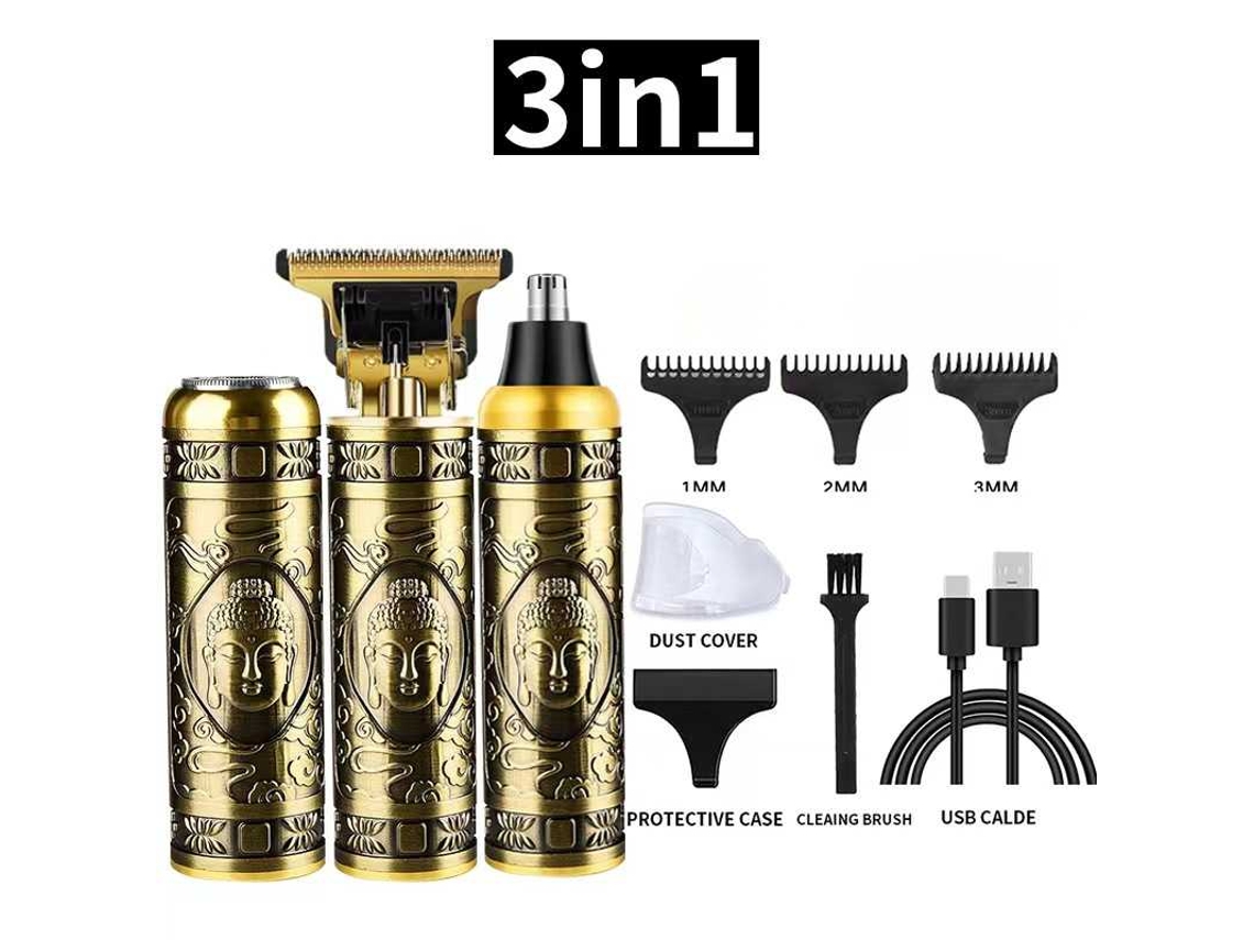 Set De Afeitado Multifuncional 3 En 1, Diseño De Buda, Motor Potente, Recargable Por Usb, Para Barba, Cabello Y Vello Nasal.