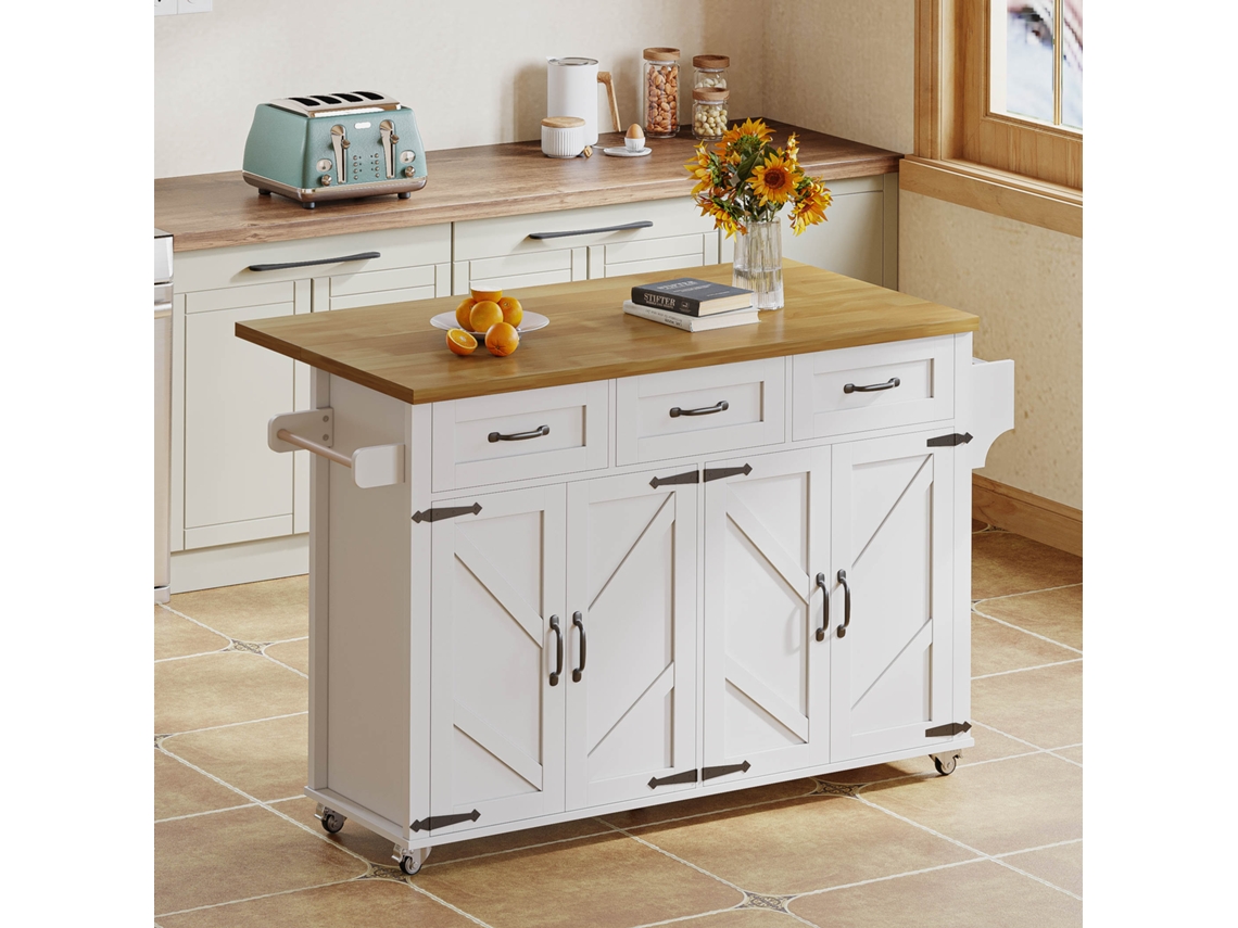 Isla De Cocina Con Encimera Plegable, 5 Ruedas, 4 Puertas, 3 Cajones, Estilo Rústico, Blanca, 140x70x91cm