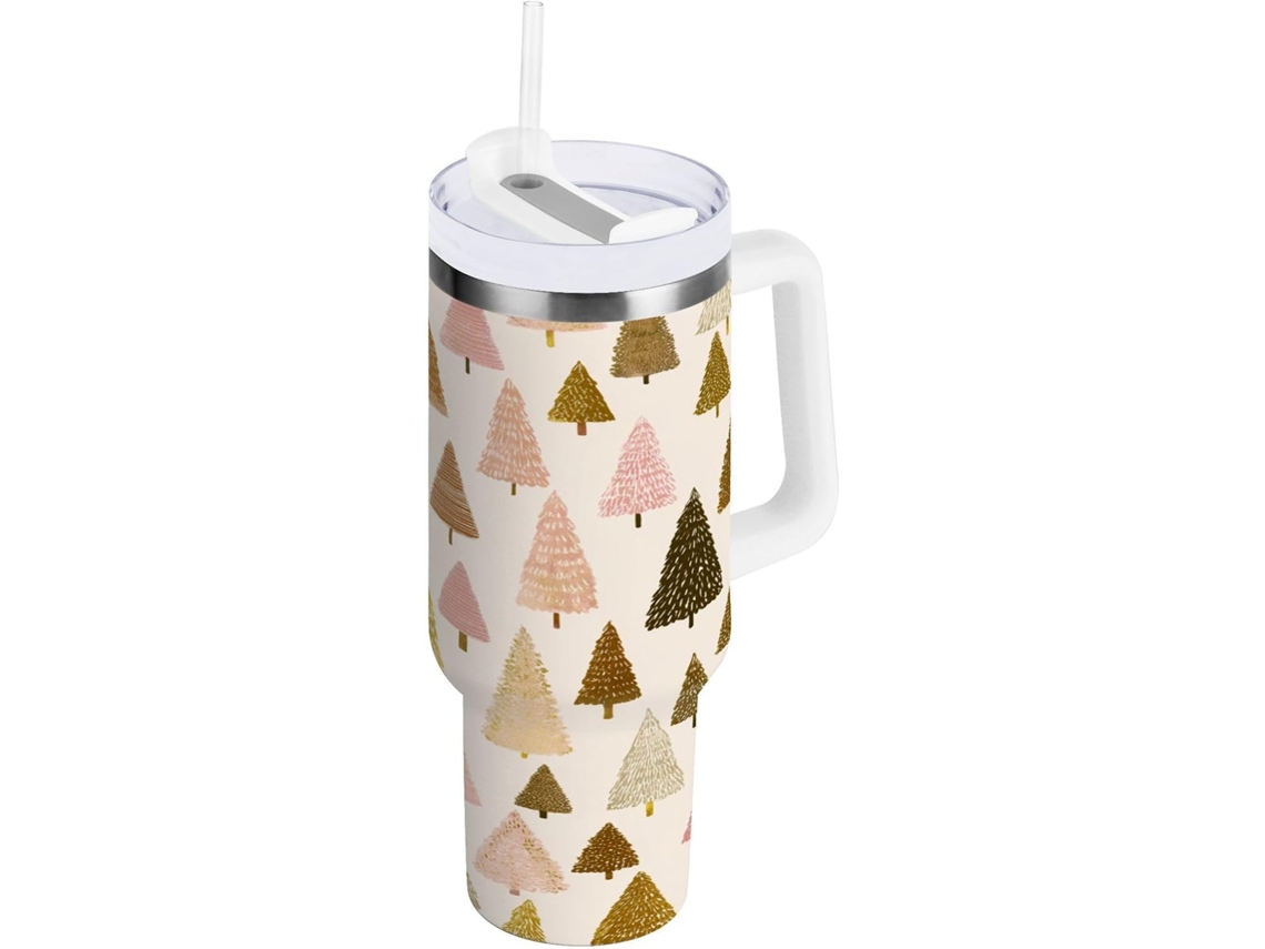 Taza térmica navideña, capacidad de 1200 ml, con pajita y tapa de acero inoxidable. Sin marca.