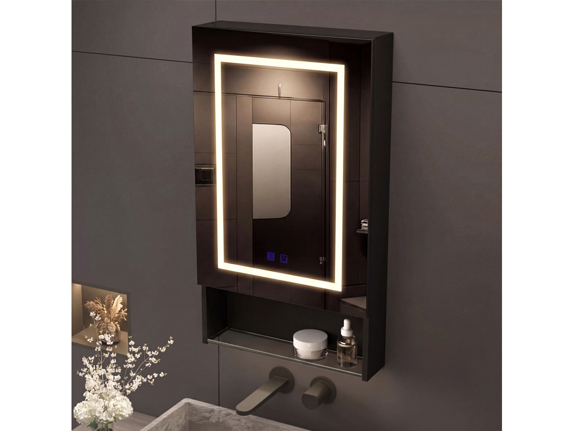 Mueble de baño con iluminación LED táctil, espejo, antivaho, estantes ajustables, negro ROSAHQNDA
