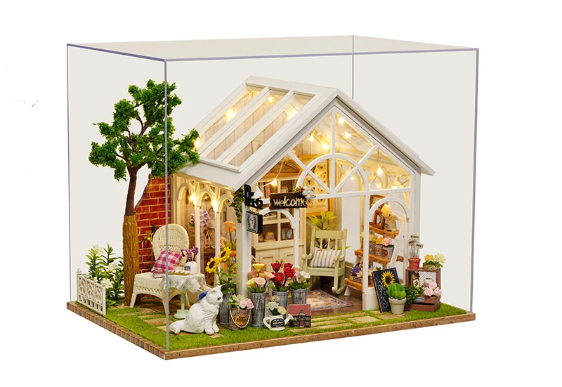(p018b Con tapa) Modelo de casa de muñecas en miniatura para jardín con luz LED