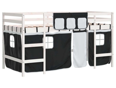 Cama alta niños VIDAXL con cortinas madera pino blanco negro (90x200 cm)