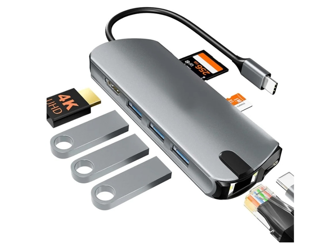 Concentrador USB C 8 en 1, adaptador multipuerto USB C, estación de acoplamiento para MacBook, Ethernet de 1 Gbps, HDMI 4K, 100 W, PD, 3 puertos USB 3.0, gris Bestvite