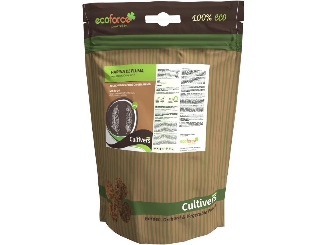 CULTIVERS Harina de Pluma 250 g NPK 12-2-1. Abono orgánico para plantas con alto contenido en Nitrógeno. Huertos, arboles florales/frutales