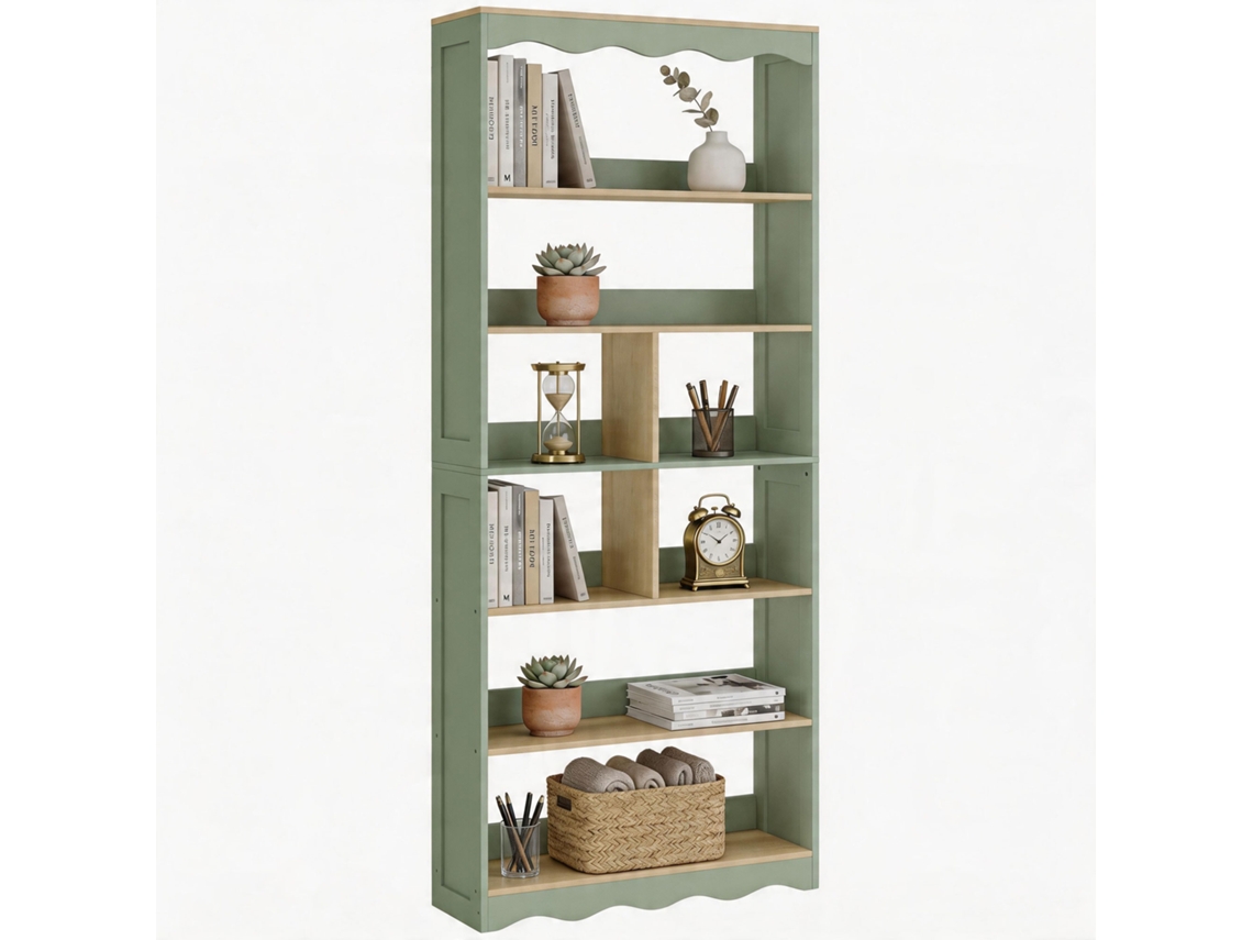 Estantería, Unidad De Almacenamiento De 6 Niveles Con 6 Compartimentos Abiertos, 76 X 23,8 X 180 Cm, Madera Natural Y Verde.