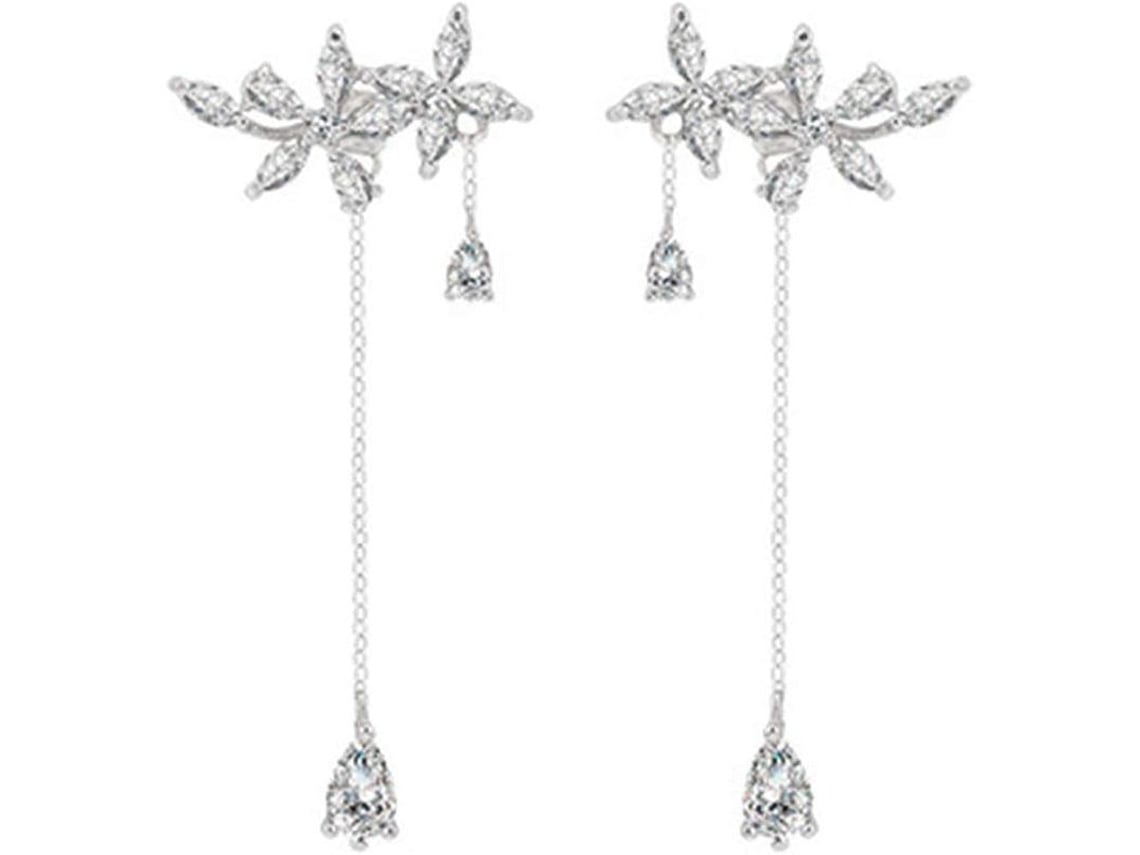 2pcs Pendientes De Hojas De Plata 925 Colgantes Con Cadenas Y Piedras Cz Elegantes Para Mujer