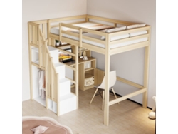 Cama Loft 90x200 Cm - Escritorio Con Estanterías Y Armarios, Escalera De Seguridad Con Almacenamiento - Color Madera