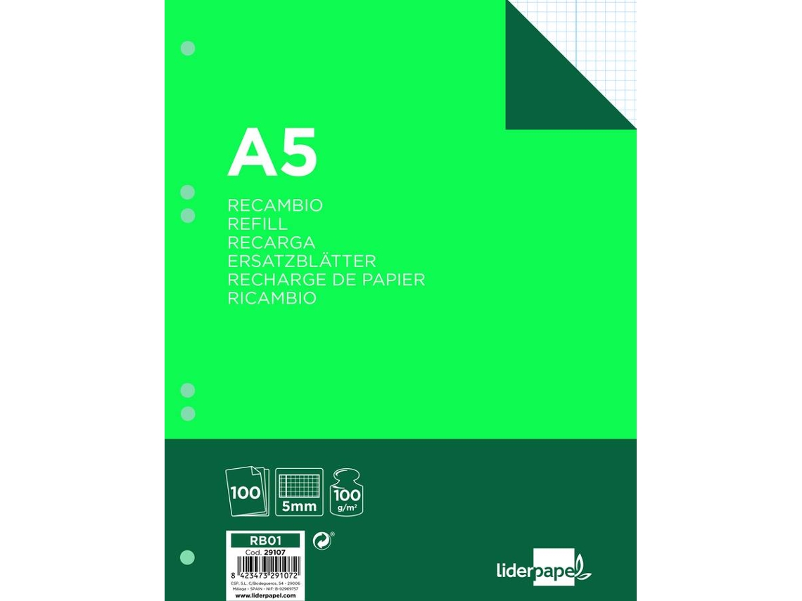 Recarga LIDERPAPEL A5 100 hojas 100 gramos Cuadriculado
